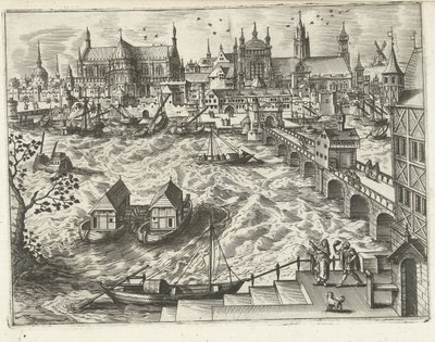 Arquitetura da cidade com ponte e porto Paisagens, marinhas e paisagens urbanas imaginativas (título da série) de Joannes van Doetechum (I) (attributed to)