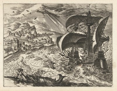 Seascape com Jonas e a baleia Paisagens, marinhas e paisagens urbanas imaginativas (título da série) de Joannes van Doetechum (I) (attributed to)