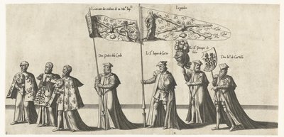 Deel van de optocht, nr. 3 en 4
Begrafenisoptocht van keizer Karel V, 1558 (título da série)
La magnifique, et sumptueuse Pompe Funebre, faite aus Obseques & Funerailles du tres-grand & tres-victorieus Empereur Charles Cinquième, Celebrées en la Vile de  de Joannes van Doetechum (I)