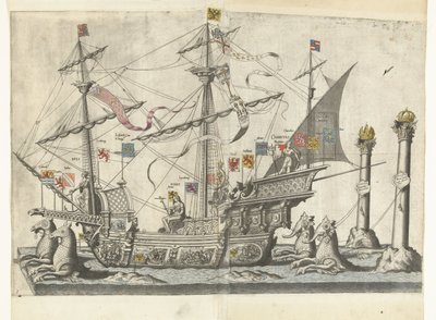 Het schip Victoria, nr. 5 Begrafenisoptocht van keizer Karel V, 1558 (título da série) A magnífica e suntuosa Bomba Funeral, realizada nos Obseques & Funerais do grandioso e muito vitorioso Imperador Carlos Quinto, Celebrado na Cidade de Bruxelas de Joannes van Doetechum (I)