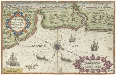 Mapa da costa norte da Inglaterra em Newcastle upon Tyne Caerte der Noordt custe van Englandt, começando de Robinhodes baij até Cocket Eijlandt (...) (título no objeto) de Joannes van Doetechum (I)