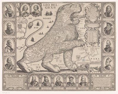 Mapa das dezassete províncias com a forma do leão holandês
Leo Belgicus (título sobre o objecto) de Joannes van Doetechum (II)