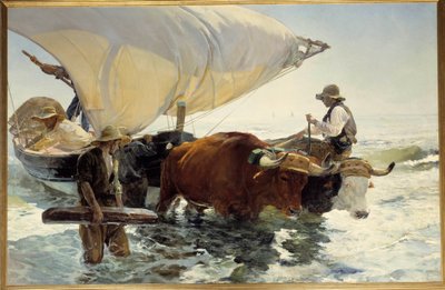 Retorno da pesca, rebocando o barco Pintura por Joaquin Sorolla y Bastida (1863-1923) Sol. 2,6x3,2 m. Paris do século XIX, musee d