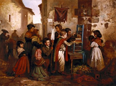 Crianças brincando na procissão religiosa, pintura de Joaquim Vayreda y Vila de Joaquin Vayreda