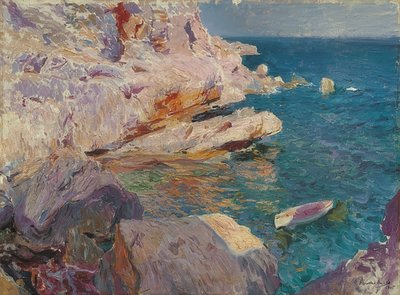 Jávea rock com barco branco. 1905 de Joaquín Sorolla