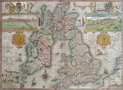 Mapa do Reino da Grã-Bretanha e Irlanda, 1610 (gravura colorida à mão) de Jodocus Hondius