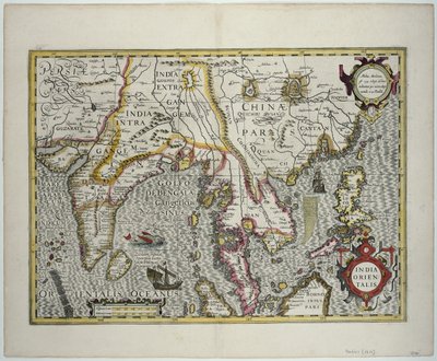 O subcontinente indiano para as Filipinas por meio das porções do norte do arquipélago indonésio e da península malaia, início do século XVII (gravura a cores) de Jodocus Hondius