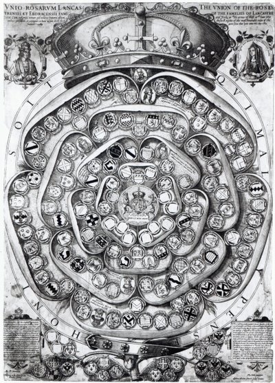 A União das Rosas das Famílias de Lancaster e York, 1589 (placa de gravura) de Jodocus Hondius