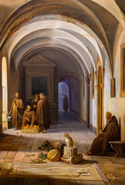 Monges franciscanos no claustro de Santa Maria d