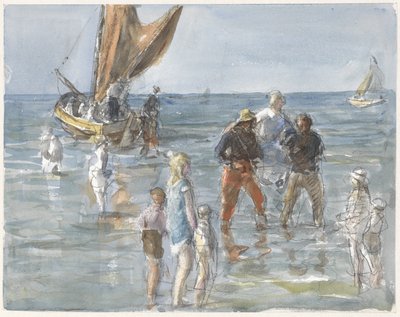 A senhora é transportada de um barco para terra por dois pescadores de Johan Antonie de Jonge