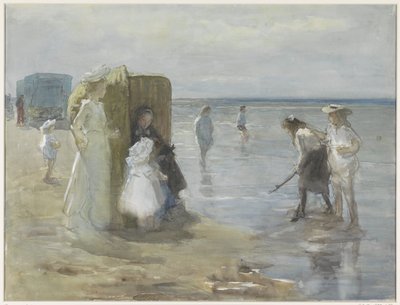 Vista ao longo da linha de maré alta na praia de Scheveningen, com duas senhoras e crianças de Johan Antonie de Jonge