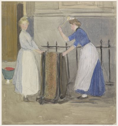 Duas empregadas, batendo num tapete em frente a uma casa da cidade de Johan Antonie de Jonge