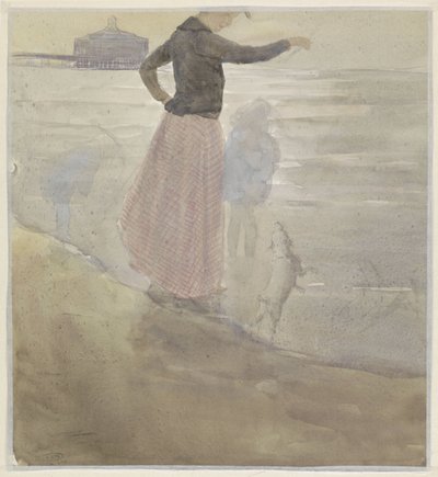 Mulher com dois filhos e um cachorro na praia de Johan Antonie de Jonge
