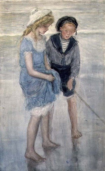 Crianças a remar em Scheveningen (aguarela) de Johan Antonio de Jonge