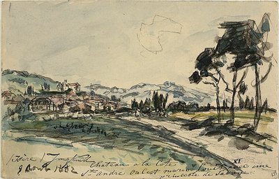Chateau, Cote Saint Andre (frente) Carroça vazia e barracão com outros esboços (verso) de Johan Barthold Jongkind
