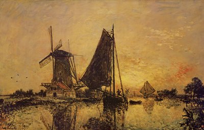 Na Holanda, barcos perto de um moinho de vento, 1868 de Johan Barthold Jongkind