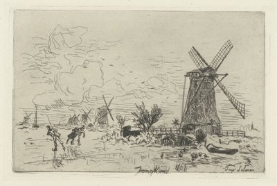 Paisagem com moinhos de vento e patinadores Batávia de Johan Barthold Jongkind