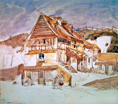 Casas antigas em Dieppe, na Normandia, França, 1851 (caneta, tinta e wc no papel) de Johan Barthold Jongkind