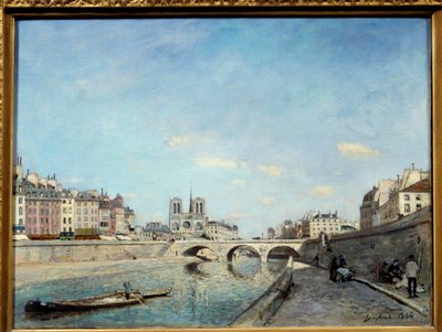 Vista das margens do Sena e da Catedral de Notre Dame de Paris Um peniche no rio. Pintura de Johan Barthold Jongkind (1819-1891) 1864 Sol. 0,42x0,56 m Paris, musee d