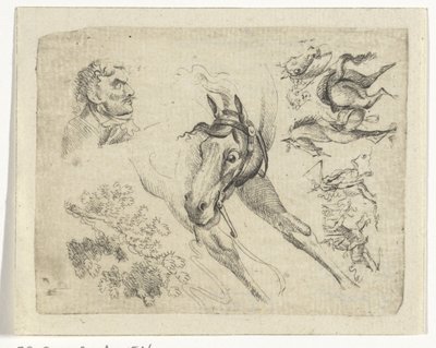 Folha de estudo com cavalos, um homem e um ramo de Johan Bernard Scheffer