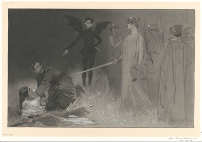 Chamberlain, como o diabo, e Kitchener em uma alegoria política da guerra no Transvaal de Johan Braakensiek