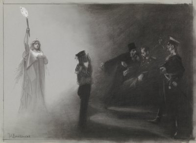 Desenho para ilustração em De Amsterdammer: A derrota da Rússia no mar, 4 de Junho de 1905 de Johan Braakensiek