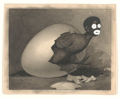 Desenho para ilustração em De Amsterdammer: um negro rasteja de um ovo (19 de Abril de 1930) de Johan Braakensiek