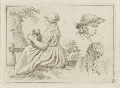 Mulher sentada com jarro de água, retrato de um homem com cano e de um rapaz de Johan Christiaan Willem Safft