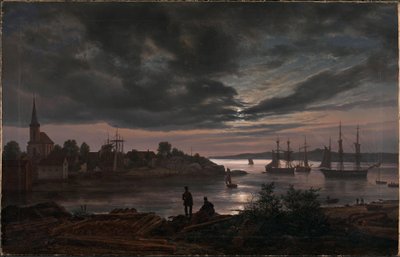 Norueguês:  Porto de Larvik ao luar Larvik ao luar de Johan Christian Dahl