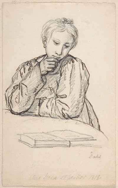 Retrato de Eline Marie Heger em criança, apoiada numa mesa, a olhar para um livro de Johan Christian Dahl