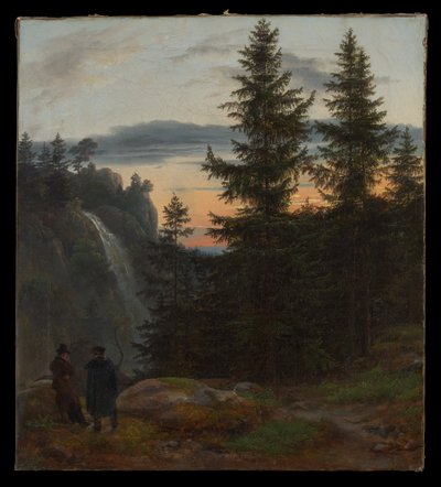 Dois homens diante de uma cascata ao pôr do sol de Johan Christian Dahl