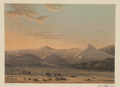 Vista do vulcão Bromo A montanha cuspidora de fogo de Bromo em 1856 (residência Probolingo) (título no objeto) de Johan Conrad Greive