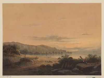 Vista de uma baía em Java
A pequena baía Srigonjo, South k. v. Java (regência Malang, resid. Passarououang.) (título sobre o objecto) de Johan Conrad Greive