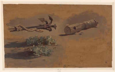 Estudo de uma âncora, parte do mastro de um navio e arbustos de Johan Daniël Koelman