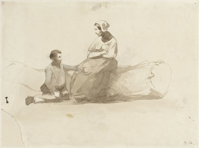 Mulher em um tronco de árvore e um menino com um livro de Johan Daniël Koelman