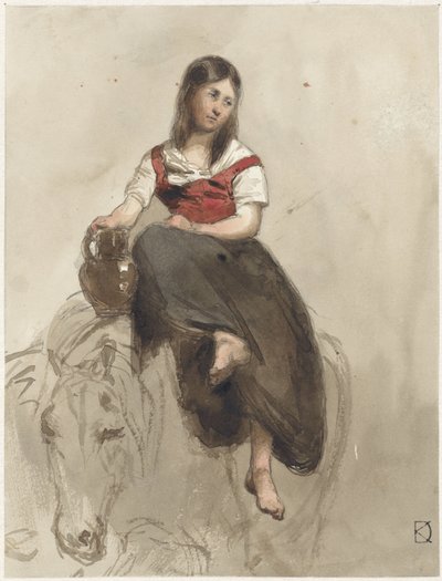 Mulher sentada em um cavalo com lata de Johan Daniël Koelman