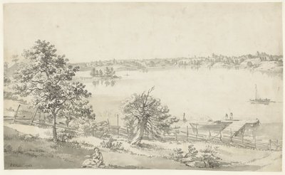 Vista de uma ampla água nas montanhas com figuras em primeiro plano de Johan Eric Rehn