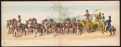 Máscara dos Estudantes de Delft, 1857 (placa 3) Procissão fantasiada realizada pelos membros do corpo estudantil de Delft em 5 de maio de 1857, representando a procissão Garebeg do Sultão de Djokjokarta e os tipos mais característicos da Holanda. de Johan Hendrik Hoffmeister