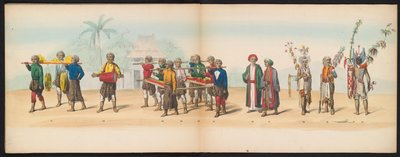 Mascarada dos estudantes de Delft, 1857 (placa 7)
Desfile com trajes realizados pelos membros do corpo estudantil de Delft em 5 de Maio de 1857, representando o desfile de Garebeg do Sultão de Djokjokarta e os tipos mais característicos do N de Johan Hendrik Hoffmeister