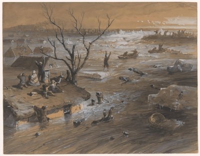 Dike breach at Brakel, 4 de Janeiro de 1861 (título sobre o objecto) de Johan Hendrik Weissenbruch (signed by artist)