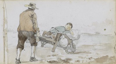 Paisagem com um homem empurrando um menino em um carrinho de mão de Johan Hendrik Weissenbruch