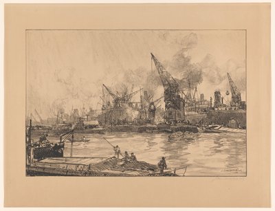 Vista do porto de Rotterdam, com diferentes guindastes de Johan Hendrik van Mastenbroek (signed by artist)