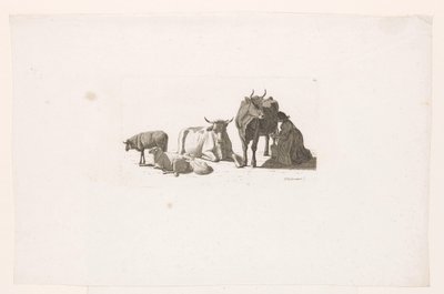 Mulher ordenhando uma vaca, com gado e ovelhas. de Johan Jakob Biedermann