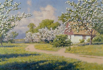 Uma paisagem arborizada com uma casa de campo na primavera de Johan Krouthén