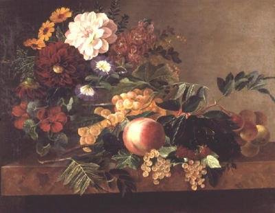 Flores e frutas em uma mesa de mármore de Johan Laurents Jensen