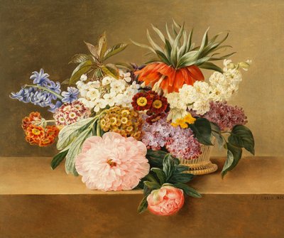 Íris, Lilás, Prímulas, Flor e Peônias em uma cesta, de Johan Laurents Jensen