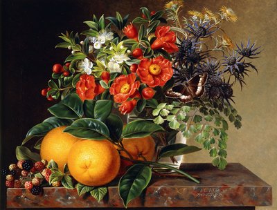 Laranjas, amoras e um vaso de flores em uma borda, 1834 de Johan Laurents Jensen