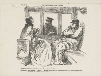 Caricatura dos muitos acidentes no Rhijnspoorweg, 1866 De Amsterdã a Arnhem (título no objeto) de Johan Michaël Schmidt Crans