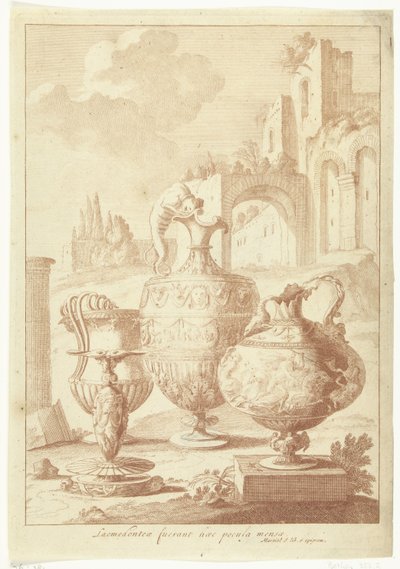 Candelabro e vaso seco Laomedonteae fuerant haec pocula mensea (título no objeto) Vaso e castiçal (título da série) de Johan Teyler (attributed to)