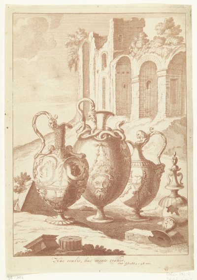 Quatro jarros, o quarto quebrado
Huc oculis, huc mente trahor (título sobre o objecto)
Vasos e candelabros (título da série) de Johan Teyler (attributed to)
